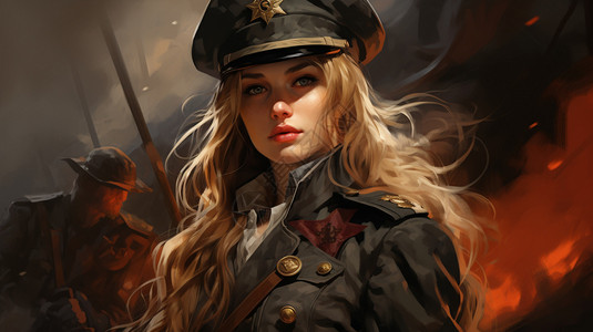 油画风格民国女战士插图背景图片