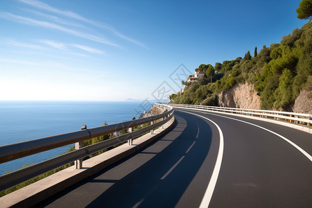 攀越护栏蜿蜒的沿海高速公路背景