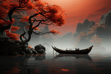 中式秋日风景插画图片