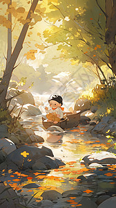 秋天森林中游玩的小男孩插图背景图片