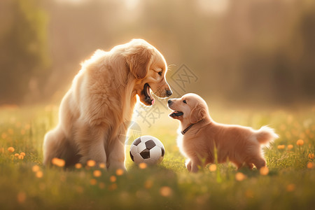 草地上玩耍的幼崽和成犬背景图片