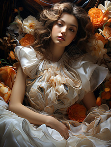 秋天肖像鲜花背景的少女背景