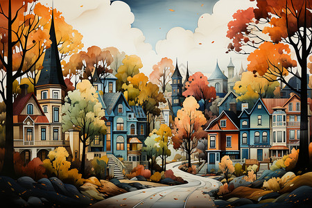 秋天色彩的小镇图片