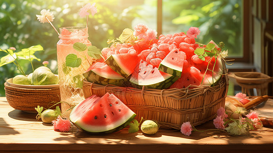 夏季篮子里的水果高清图片