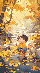 秋天美丽森林中游玩的小男孩背景图片