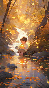 可爱的小男孩在河边游玩背景图片
