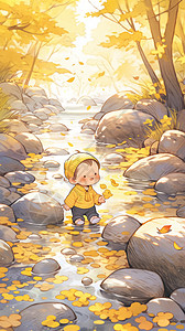 森林中游玩的小男孩插图背景图片