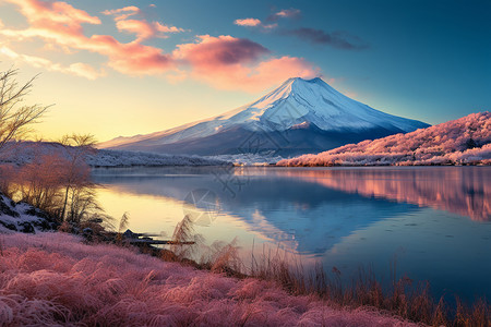 山中湖美丽的湖中山脉背景