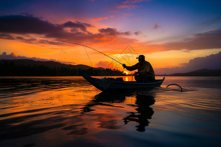 黄昏时渔船上钓鱼的男子图片