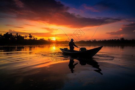 日落时平静湖面中钓鱼的男子图片