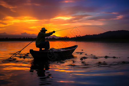 夏天日落时渔船上钓鱼的男子图片