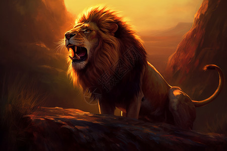 夕阳下咆哮的狮子图片