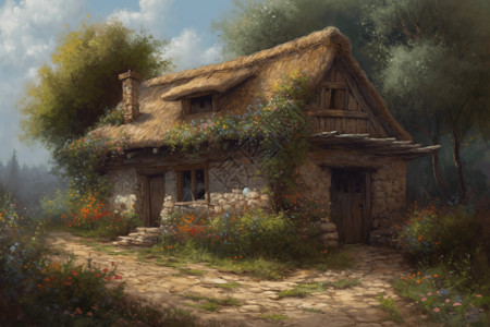 乡间的石头小屋背景图片