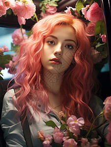 粉头发的女生粉发女生被鲜花围绕背景