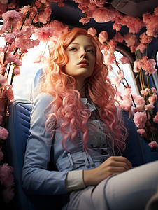 粉头发的女生粉发美女和装饰在车内的鲜花背景