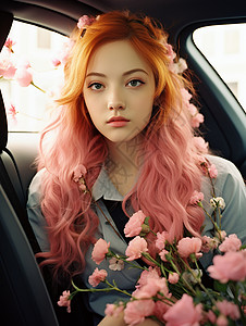 粉头发的女生汽车内粉发美女抱着鲜花背景