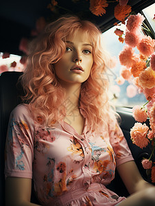 车里鲜花素材车内花团锦簇的美女背景