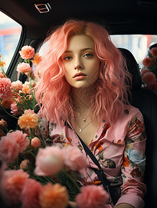 粉菊花花朵美女汽车内的粉发美女和花朵背景