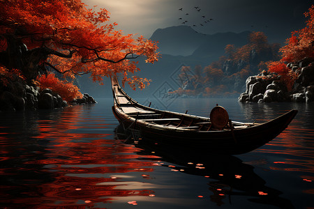 夜晚湖面上的落叶和小船高清图片