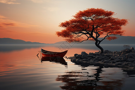 湖泊上的小舟和松树图片