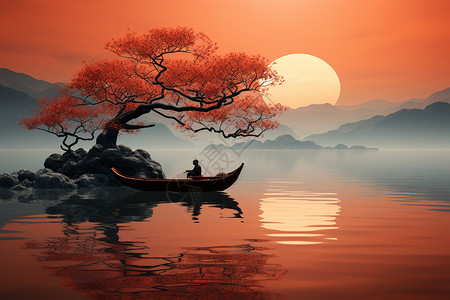 夕阳湖泊上的小舟图片