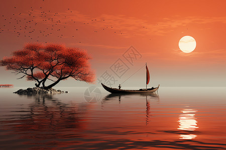 落日湖泊上的小舟图片