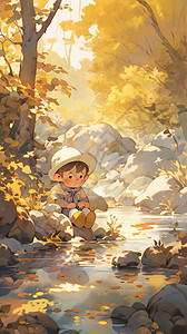 森林河边玩耍的小男孩插图图片