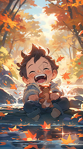 秋天森林河边玩耍的小男孩插图图片