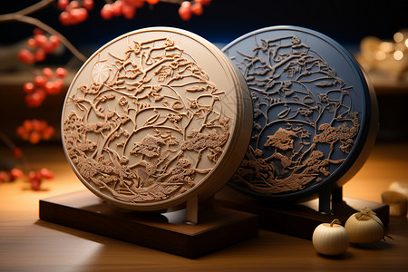 中秋节雕塑重工繁复优雅广式月饼包装设计背景