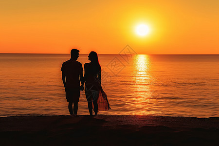 橙色水素材夕阳下情侣海滩剪影背景