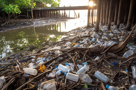 塑料问题自然界中的塑料垃圾堆背景