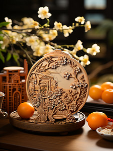 中秋优雅月饼木雕造型背景图片