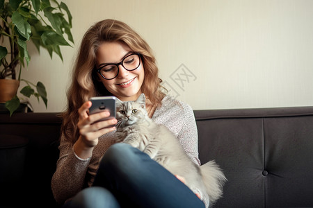女人抱着猫咪看着手机图片