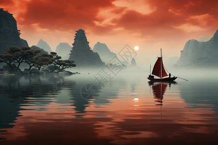 东方极简红船背景图片