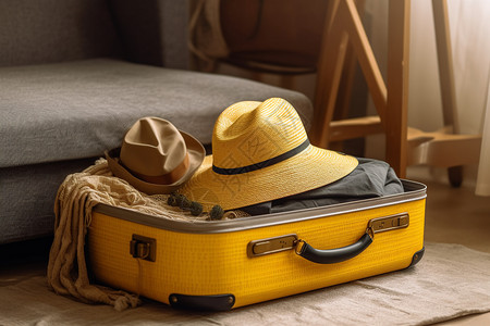 黄色高端旅行箱旅行箱中装满行李旅行背景