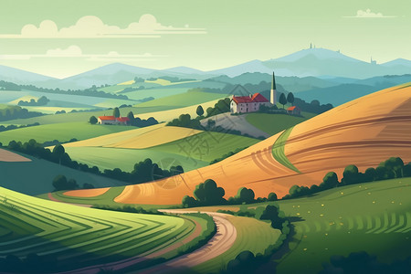 通向成功道路一条蜿蜒的道路通向一个偏远的山顶农场插画