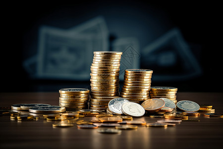 财富增长概念桌子上的硬币背景图片
