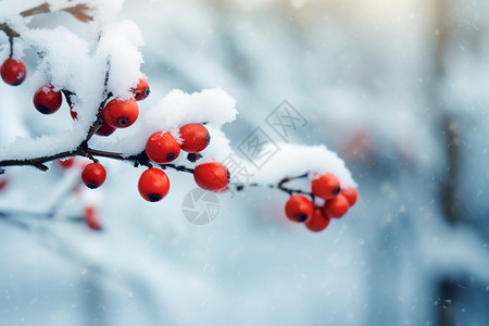 雪红果树枝上的冰雪背景