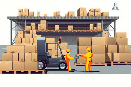 卡车货运穿黄色衣服的工人插画