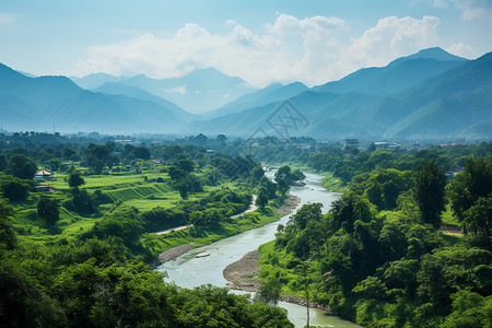 清晨的拉萨河谷清晨壮观的山林景观背景