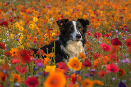 花丛中可爱的边牧犬图片