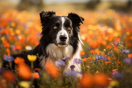 野花丛中的边牧犬高清图片