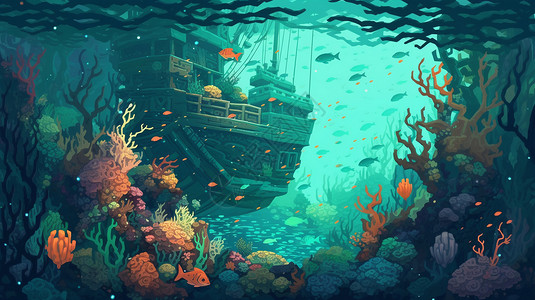 海底下素材海底下的沉船插画