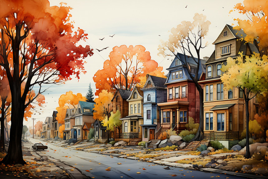 秋天城市的树木图片