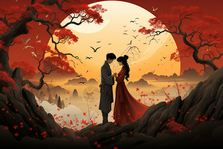 情侣在月亮下的插图背景图片