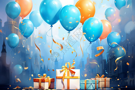礼物盒和庆祝气球和礼物的绘画插画