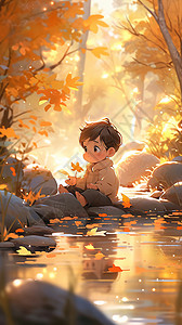 秋天景观中玩耍的小男孩图片