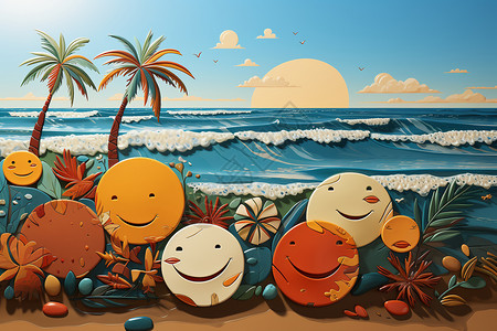特内里费海滩创意椰子笑脸贴纸插画