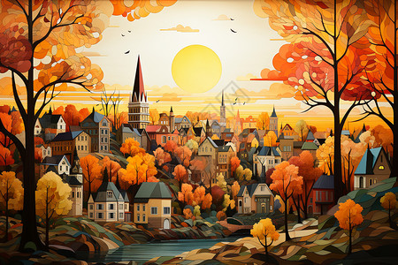 秋天的城市插图图片