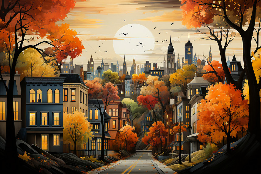 秋天的城市小镇图片